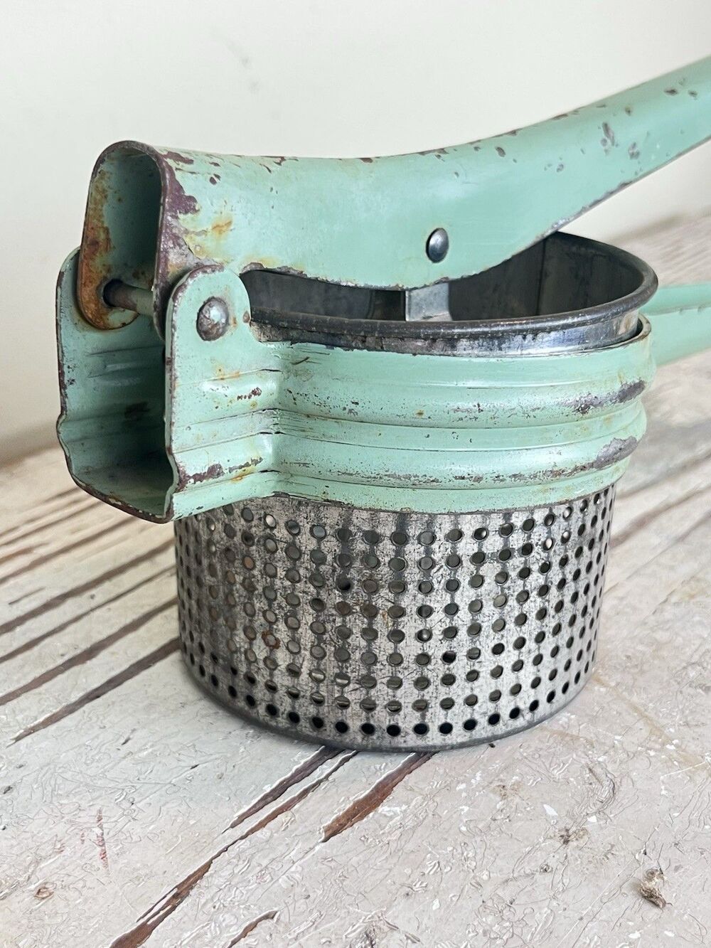 Vintage MCM Minty Green Metal Potato Ricer Masher Press Rusty Rustic Decor